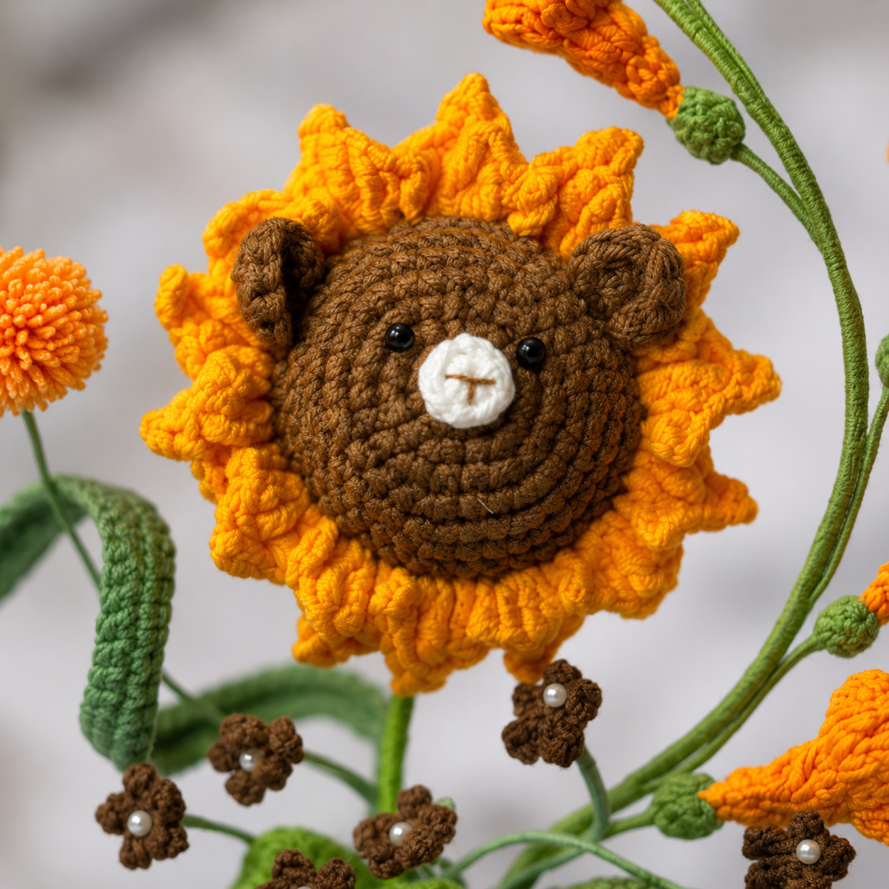 Handmade crochet cute bear bouquet, retro green kettle flower holder | knitted floral home decoration arrangement | country dining table centerpiece decoration, suitable for home office and living room