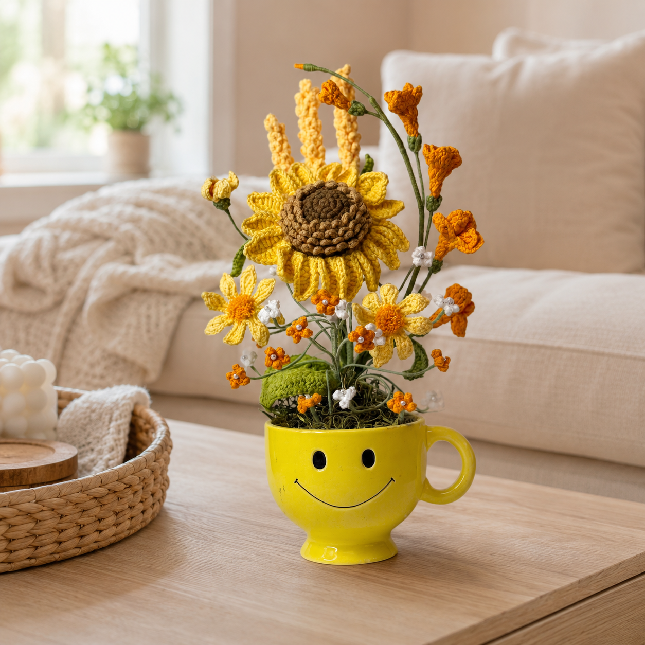 Handmade Crochet Flower Mug Planter Decor – Cute Smiley Ceramic Cup with Knitted Sunflower Bouquet – Home Desk, Office & Living Room Aesthetic Floral Arrangement Gift