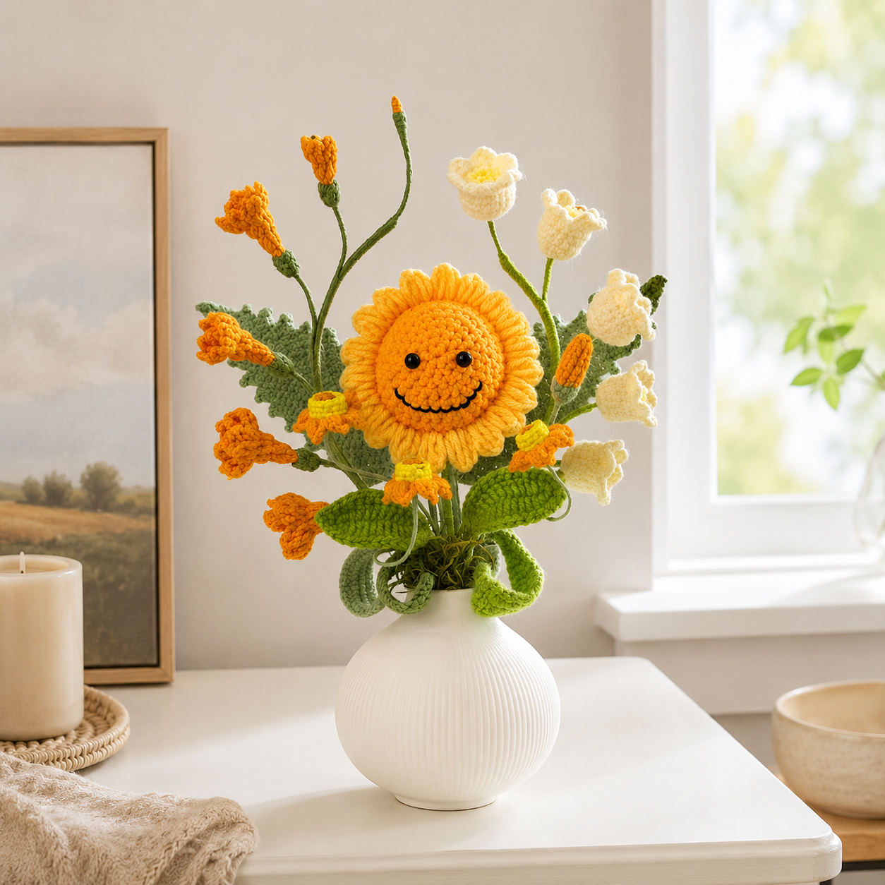 Handmade Crochet Smiling Sunflower Bouquet in White Vase | Amigurumi Flower Home Decor | Cute Crochet Floral Arrangement Gift