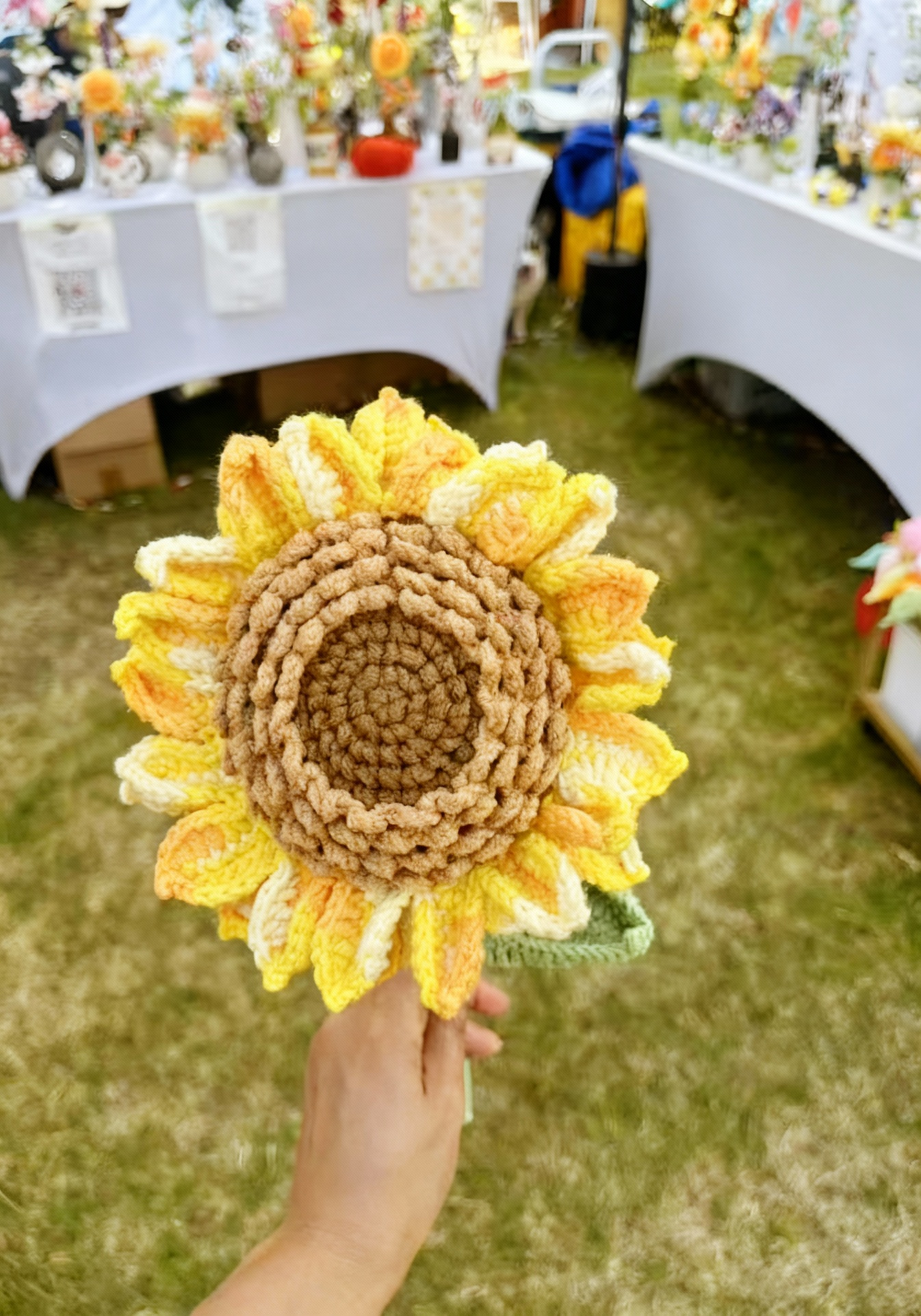 A hand-crocheted sunflower