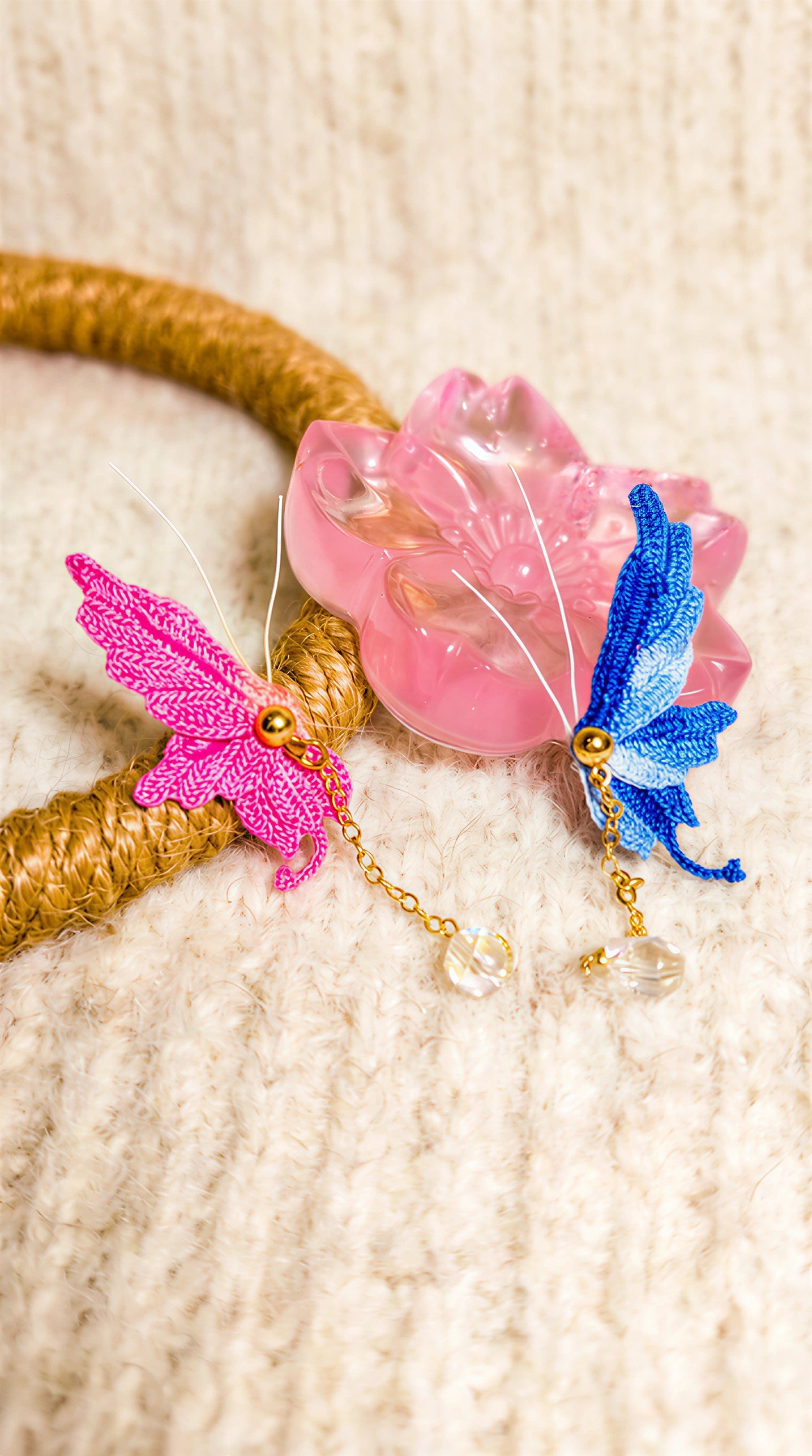 Handmade Crocheted Butterfly Earrings with Crystal Pendants – Lightweight & Elegant