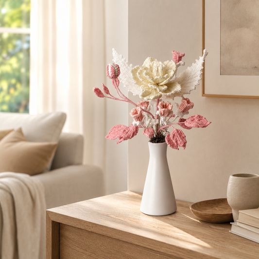 Handmade Crochet Flower Bouquet in Vase | Knitted Floral Home Decor | Desk & Room Decoration Gift