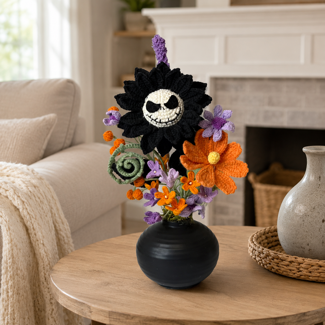 Handmade Crochet Holloween King Suunflower Flower Bouquet in a Black Vase | Gothic Halloween Home Decor | Unique crochet Floral Arrangement Gift