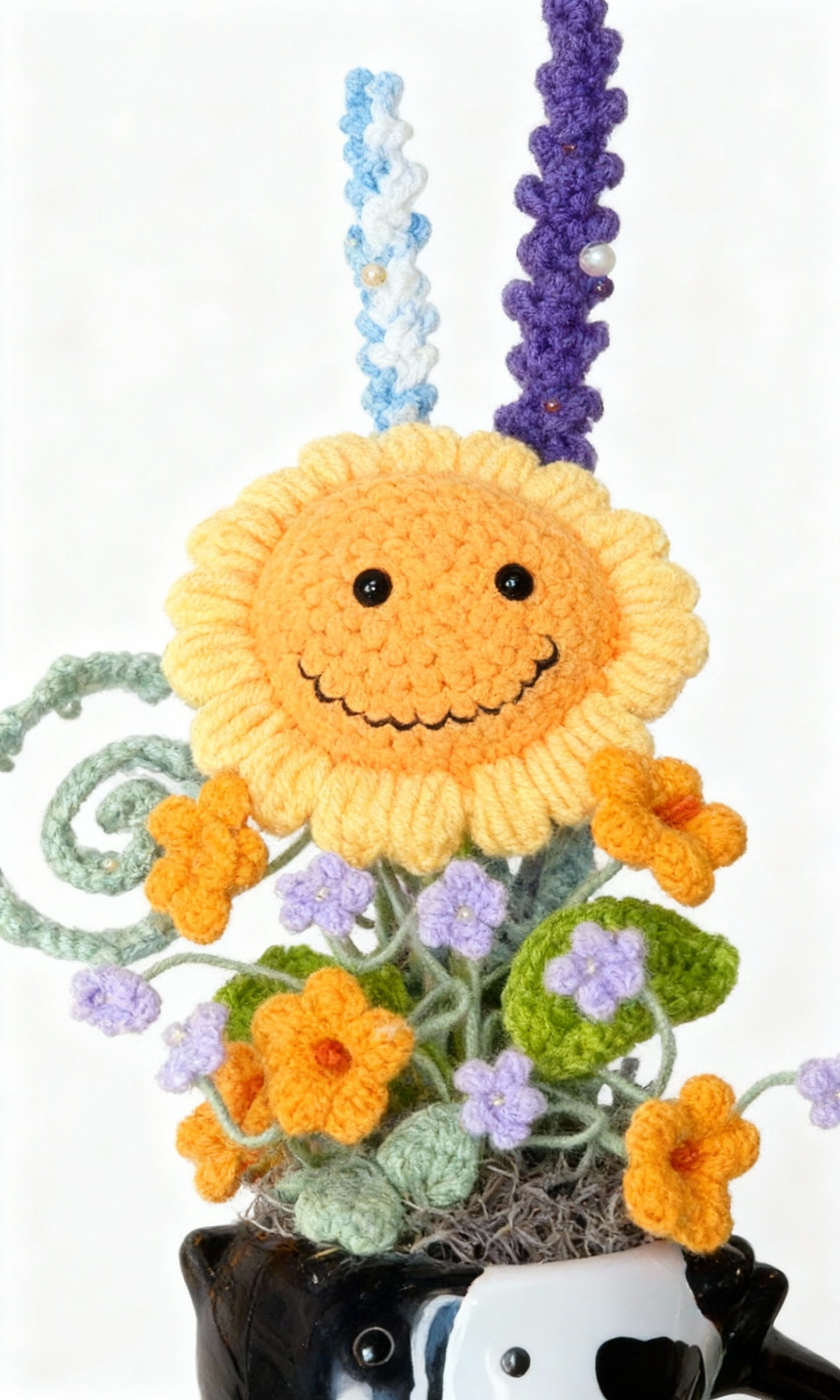 "Playful Farm" Hand-Crocheted Flower Bouquet & Cow Vase Set