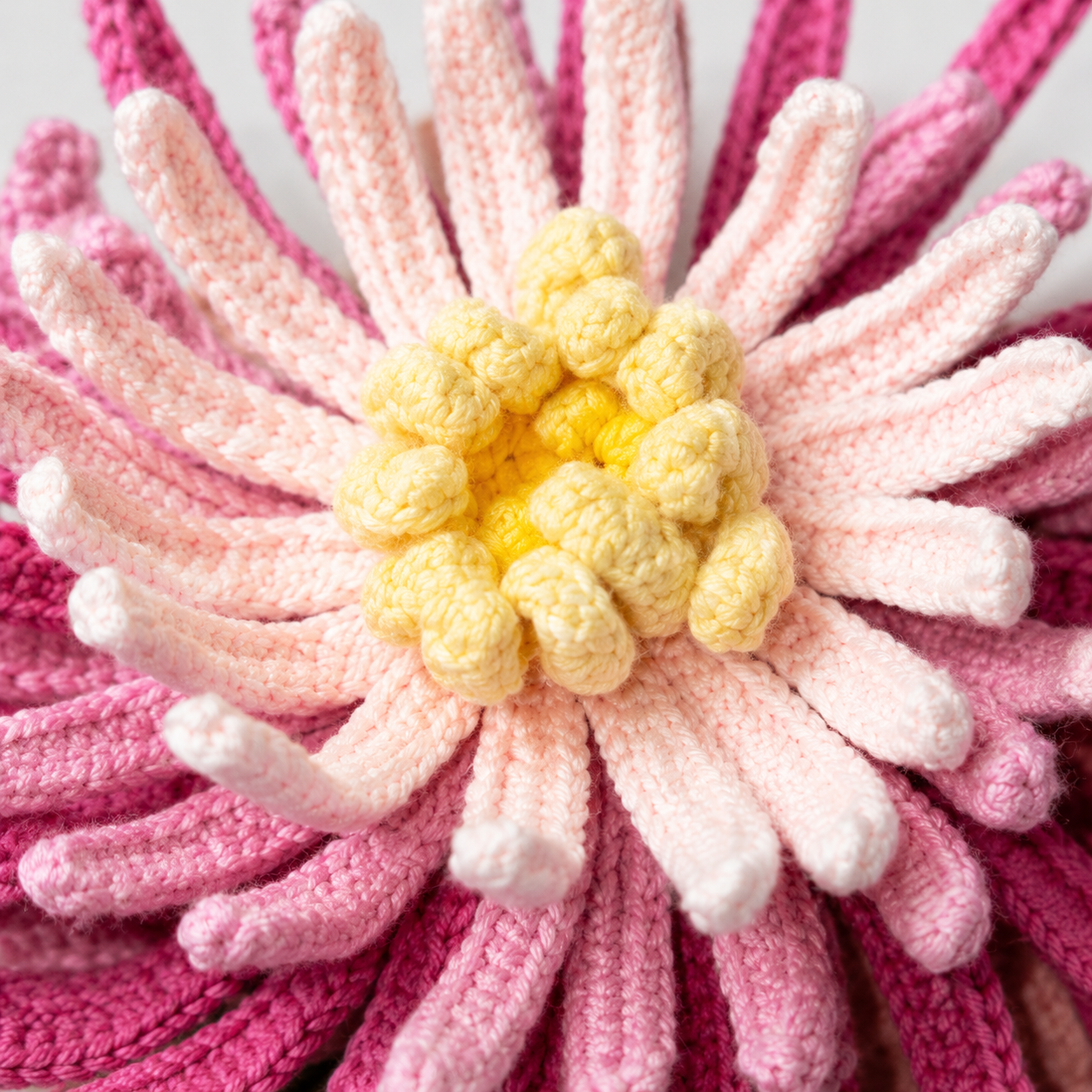Handmade crocheted pink chrysanthemum arrangement in a white ceramic vase - crochet floral home decoration, country dining table centerpiece decoration, women's gift and home decoration