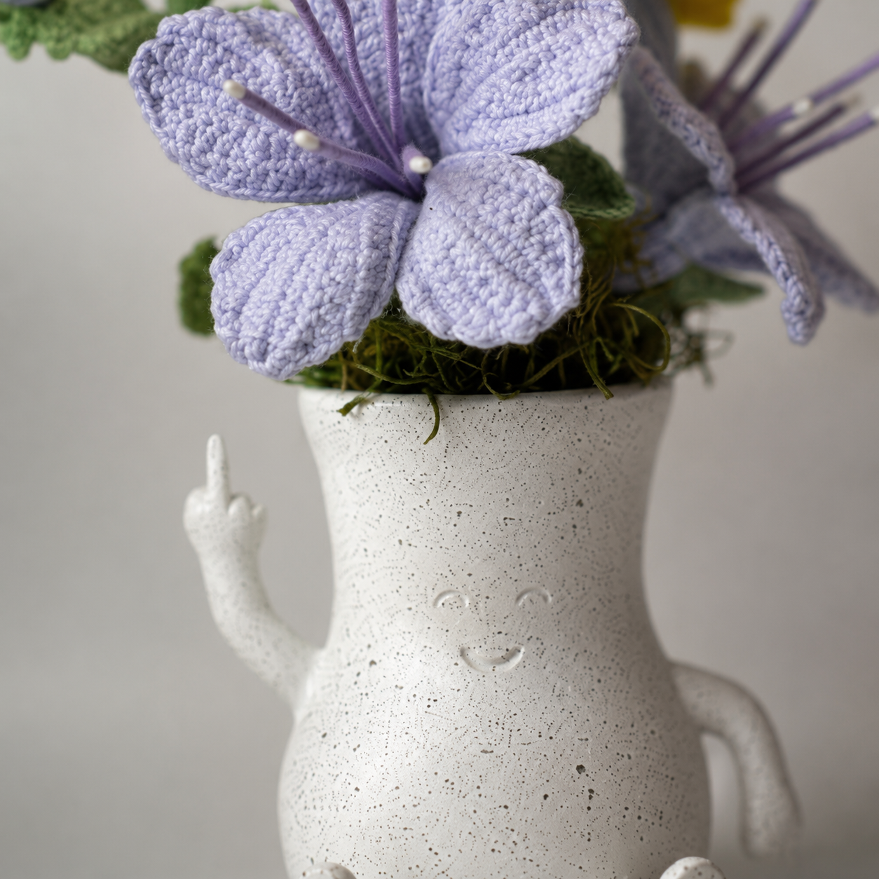 Handmade crocheted purple flower arrangement in a lovely resin "givin-you-the-bird" figurine vase | crocheted flower arrangement home decoration | unique dining table centerpiece decoration gift