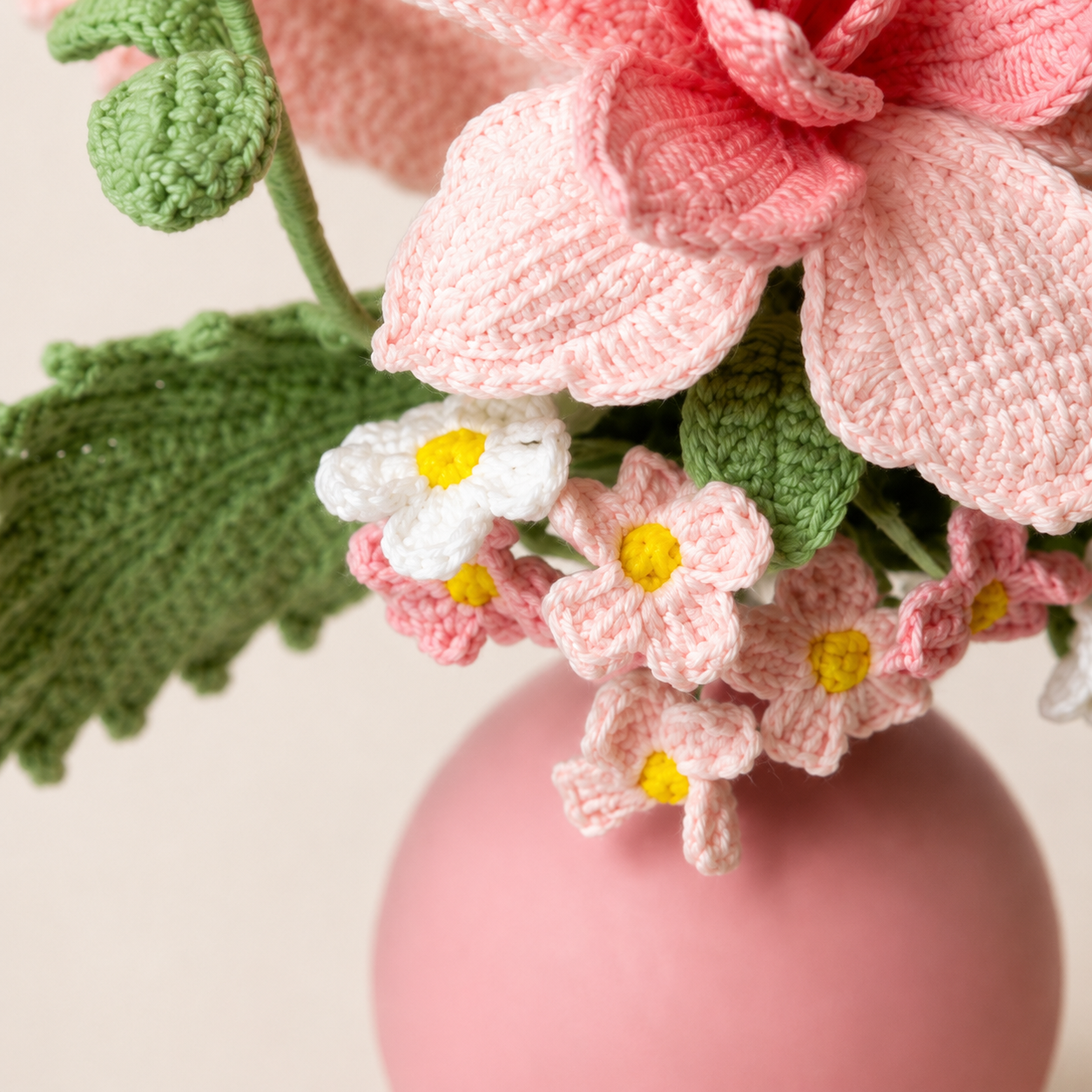 Handmade Crochet Flower Arrangement in Vase | Pink Artistic Knitted Floral Bouquet Decor | Home Table Centerpiece, Bedroom & Living Room Aesthetic Decoration | Unique Handmade Gift for Women