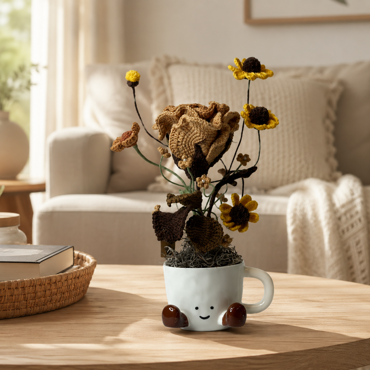 Hand Crochet Coffee Flower Bouquet, Cute Smile Ceramic Cup Planter | Hand-knitted Coffee Rose Bouquet Home Decoration | Unique Gift, Suitable for Home, Office, Birthday and Moving In