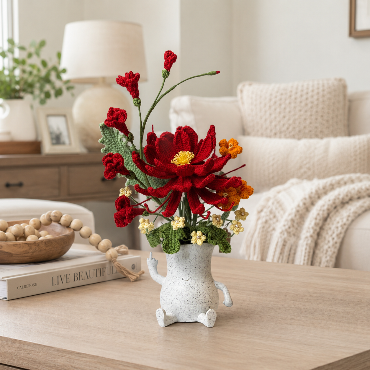 Handmade Crochet Flower Bouquet with Cute Ceramic Character Vase | Artistic Yarn Floral Arrangement | Decorative Table Centerpiece for Home, Office & Gift Giving | Unique Handmade Home Décor