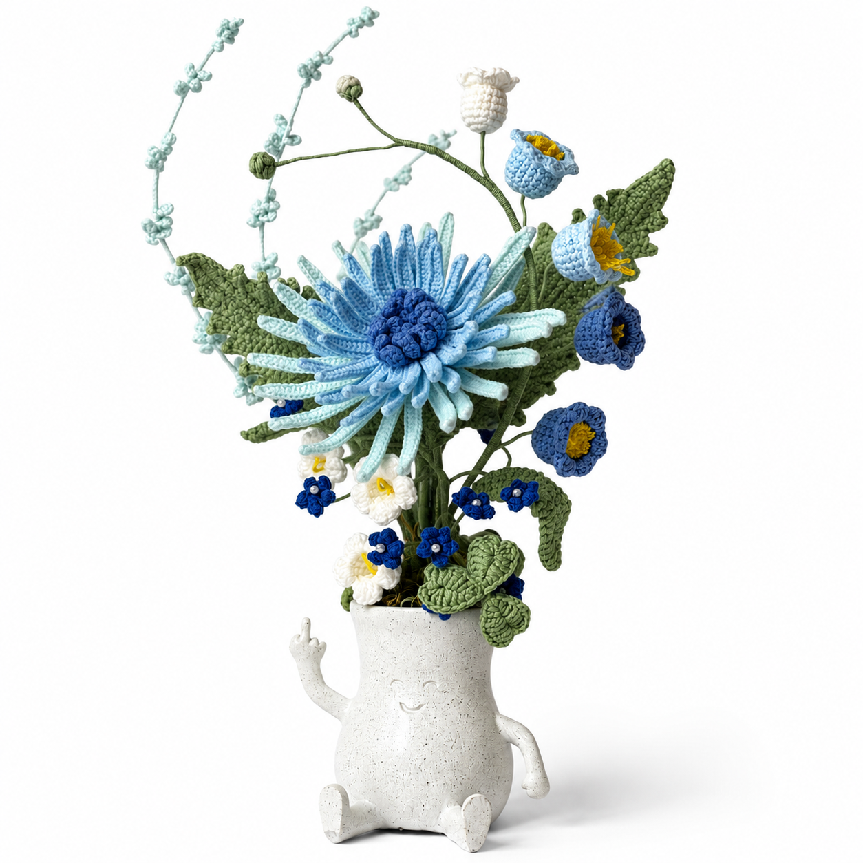 Hand-knitted blue chrysanthemum bouquet placed in a smiling resin givin-you-the-bird vase |Funny Flower Home Decoration | Knitted Table Center Decoration Gift