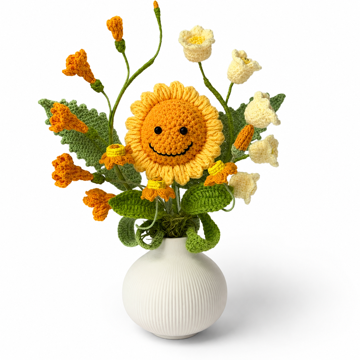 Handmade Crochet Smiling Sunflower Bouquet in White Vase | Amigurumi Flower Home Decor | Cute Crochet Floral Arrangement Gift