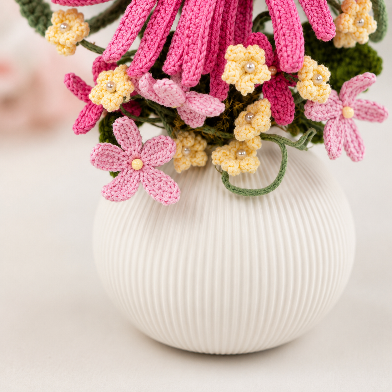 Handmade crocheted pink chrysanthemum arrangement in a white ceramic vase - crochet floral home decoration, country dining table centerpiece decoration, women's gift and home decoration