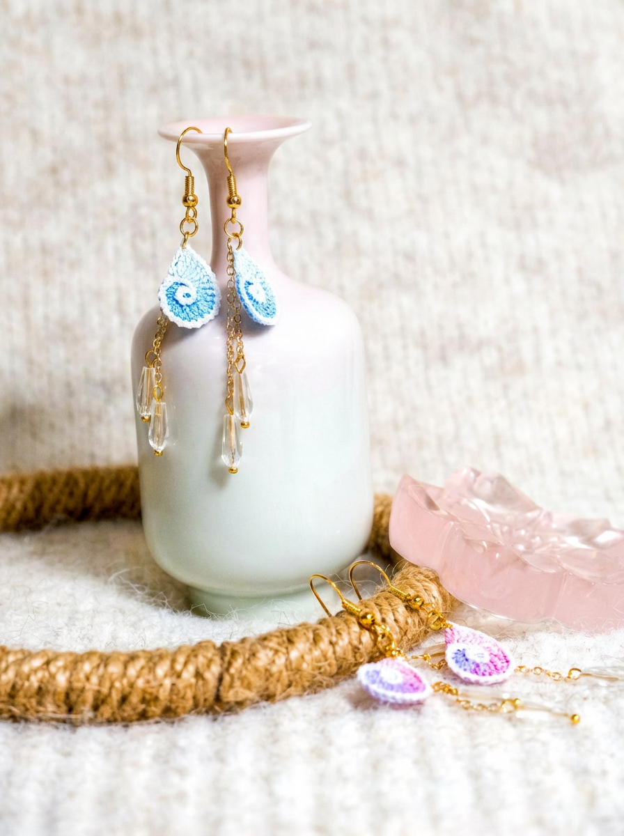 Handmade Crocheted Gradient Shell Earrings – Soft Macaron Color Palette, Crystal Bead Embellishments, Stylish Light Luxury Accessories