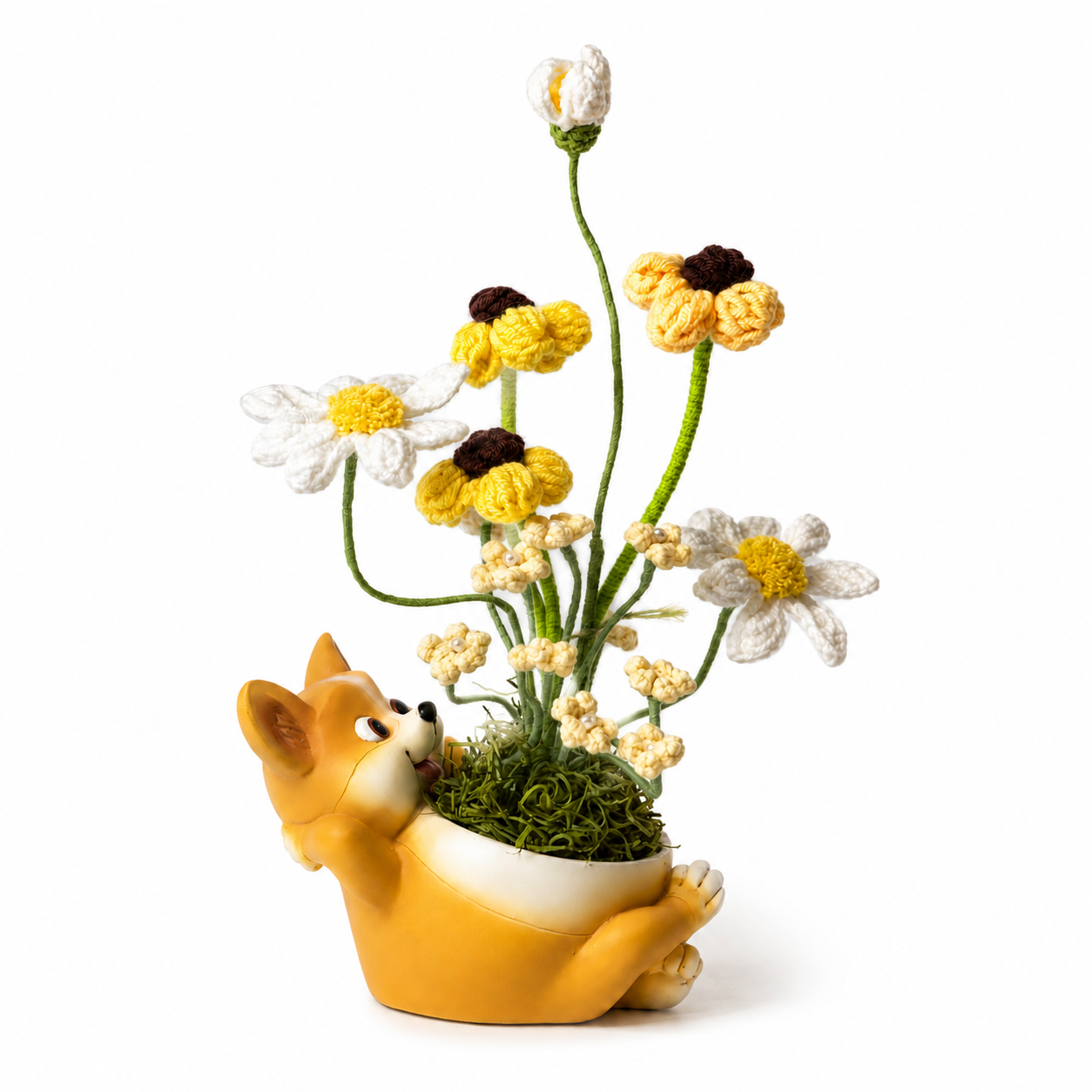 Cute Corgi Planter Pot with Handmade Crochet Flower Arrangement | Decorative Resin Dog Flower Vase | Cozy Home & Office Desk Decor | Unique Gift for Dog Lovers & Housewarming