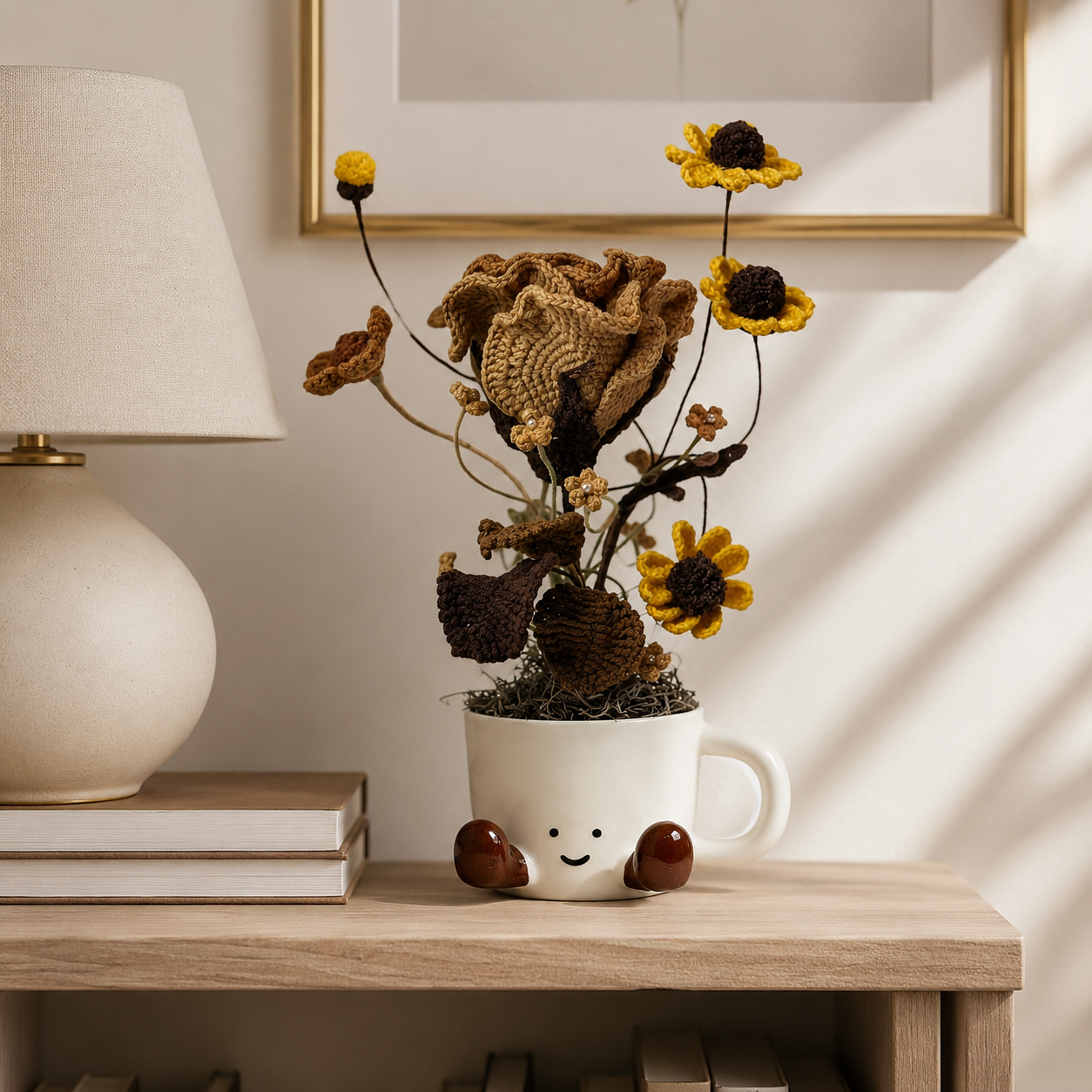 Hand Crochet Coffee Flower Bouquet, Cute Smile Ceramic Cup Planter | Hand-knitted Coffee Rose Bouquet Home Decoration | Unique Gift, Suitable for Home, Office, Birthday and Moving In