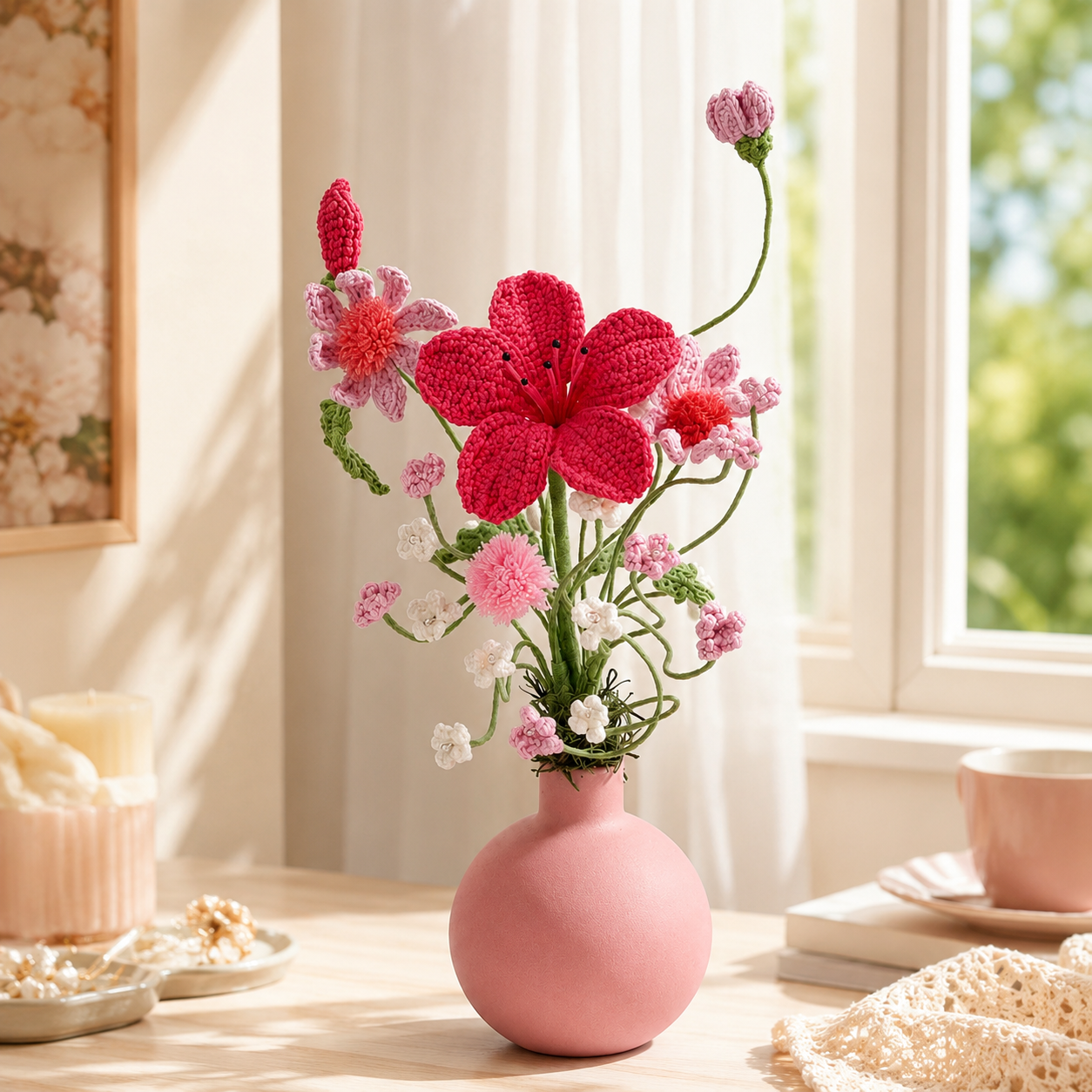 Handmade Crochet Flower Arrangement in Ceramic Vase | Decorative Knitted Floral Bouquet Home Décor Centerpiece | Artificial Yarn Flowers for Living Room, Bedroom, Office & Gift