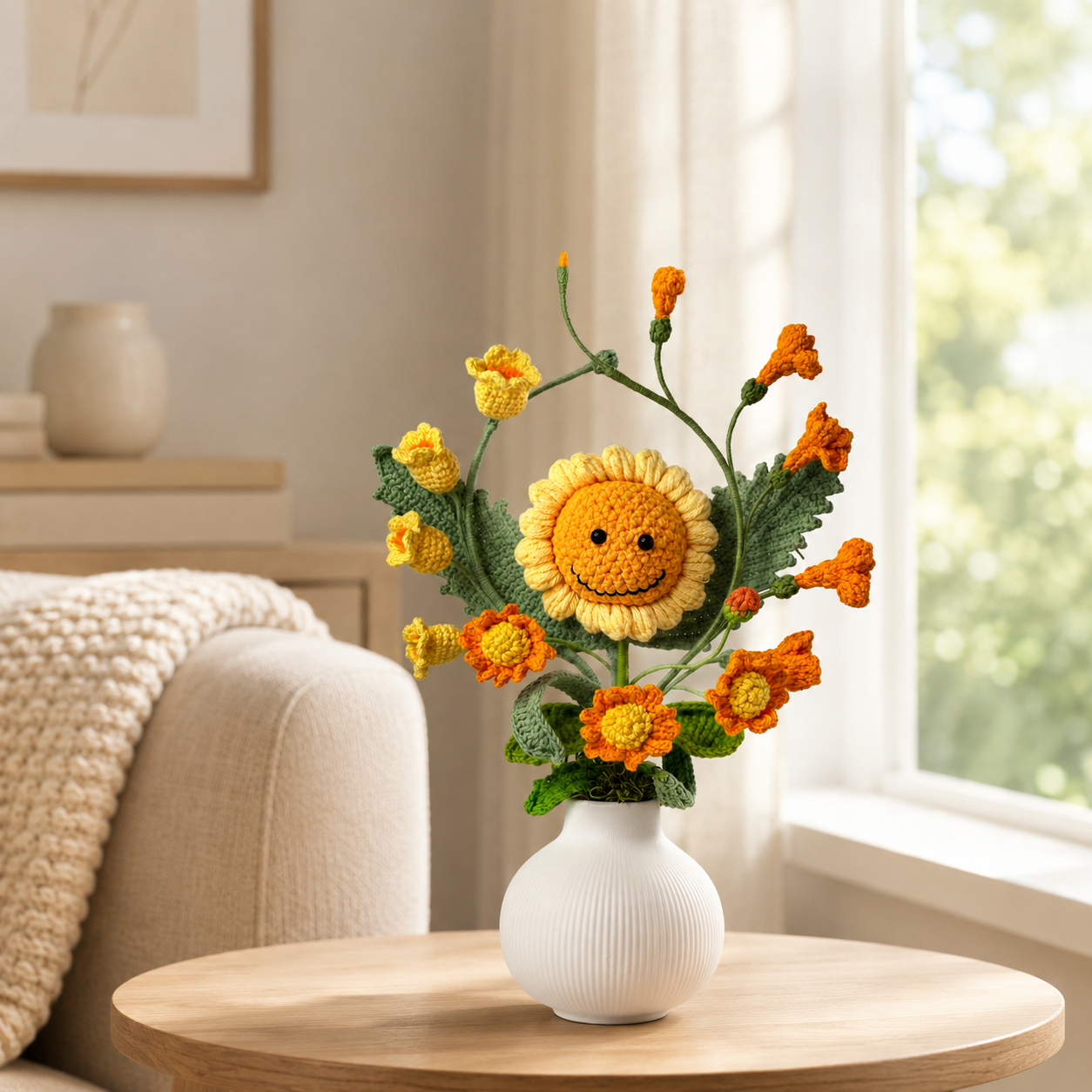 Hand-knitted sunflower and orchid bouquet vase decoration | Knitted sunflower and flower arrangement | Cute home decoration, desk center decoration, gift for women