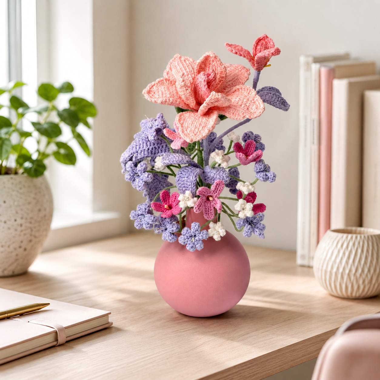 Hand-knitted pink and purple romantic flower arrangement | Knitted artificial flower arrangement home decoration | Decorative desk and living room center decoration, gift for women