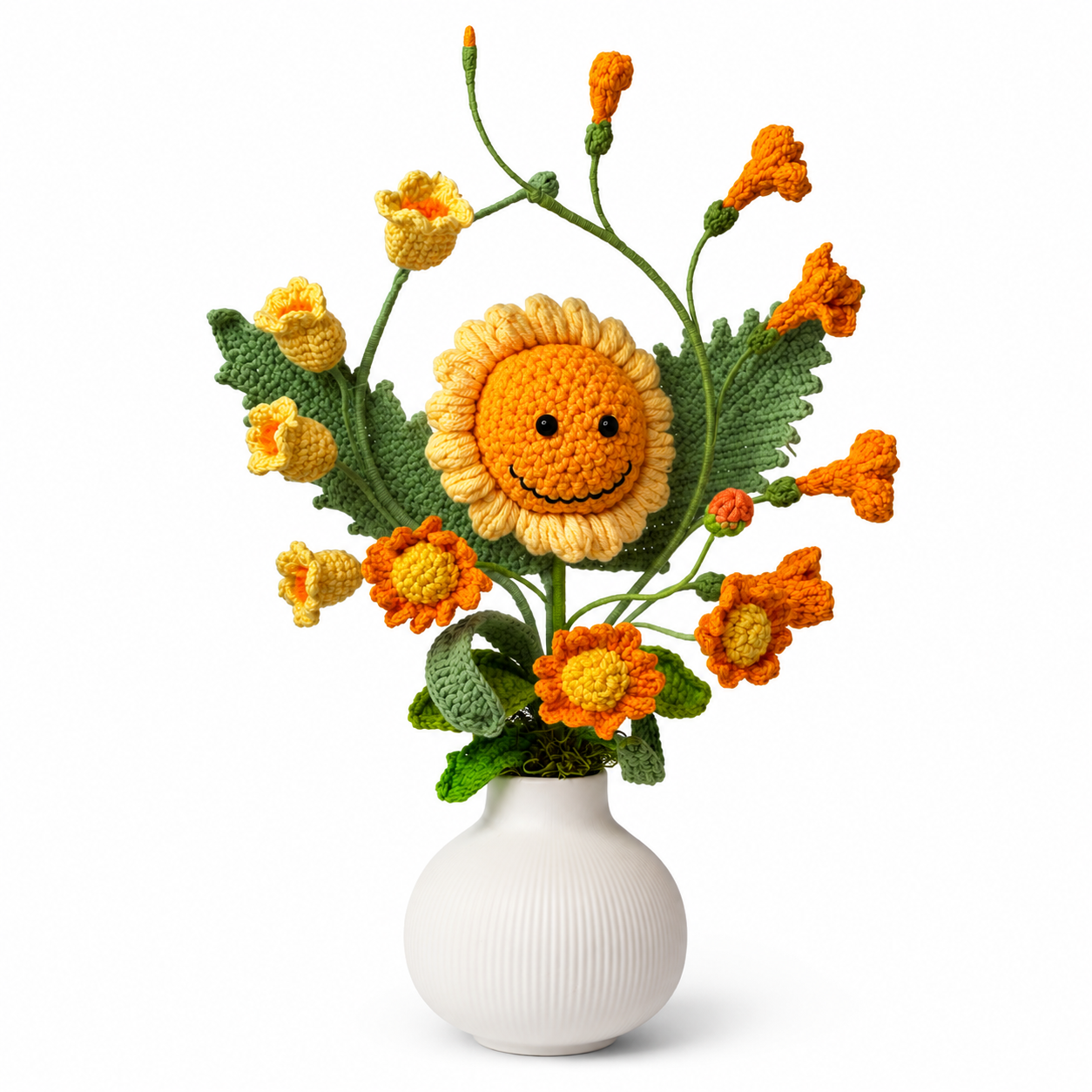 Hand-knitted sunflower and orchid bouquet vase decoration | Knitted sunflower and flower arrangement | Cute home decoration, desk center decoration, gift for women