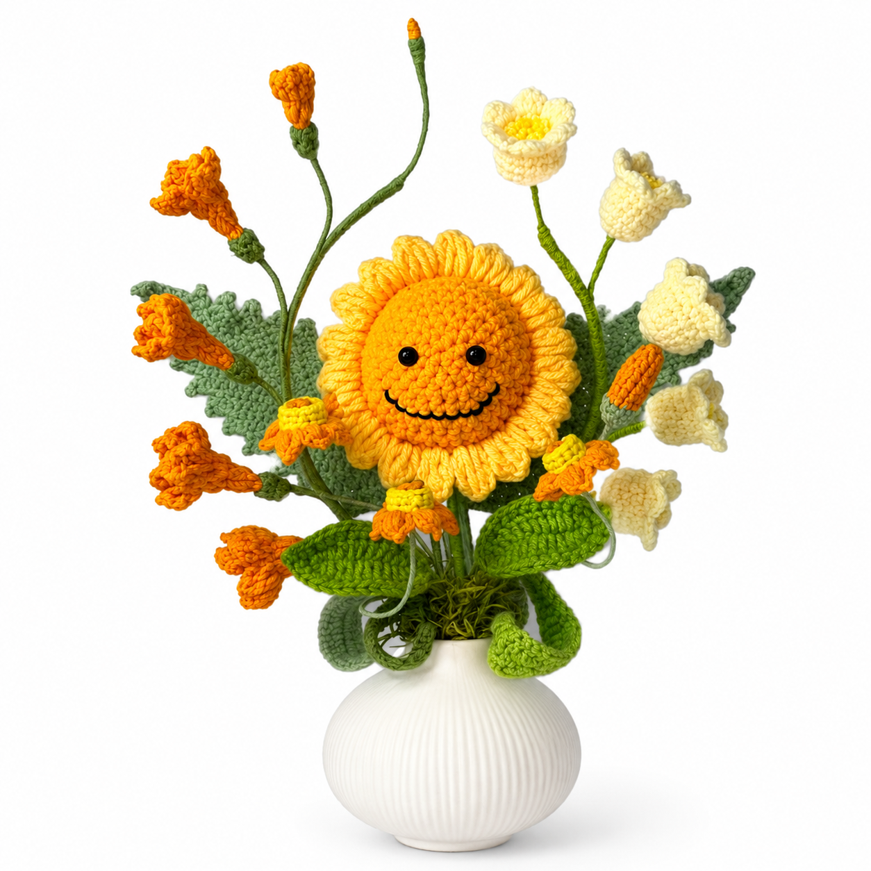 Handmade Crochet Smiling Sunflower Bouquet in White Vase | Amigurumi Flower Home Decor | Cute Crochet Floral Arrangement Gift