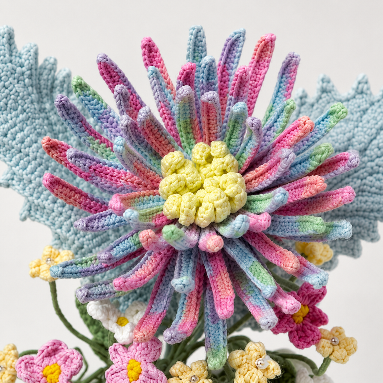 Hand-knitted Chrysanthemum Bouquet in White Ceramic Vase | Cute Home Decoration | Knitted Flower Arrangement Gift