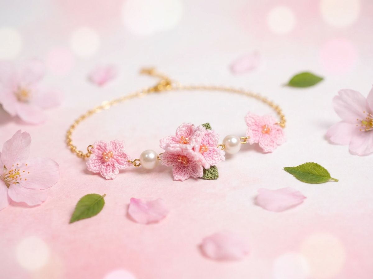 Hand-Crocheted Cherry Blossom Bracelet - Pink Sakura with Pearlescent Pearls - Bohemian Style