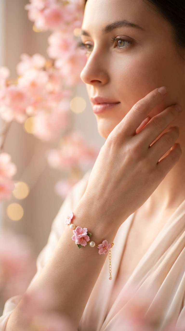 Hand-Crocheted Cherry Blossom Bracelet - Pink Sakura with Pearlescent Pearls - Bohemian Style