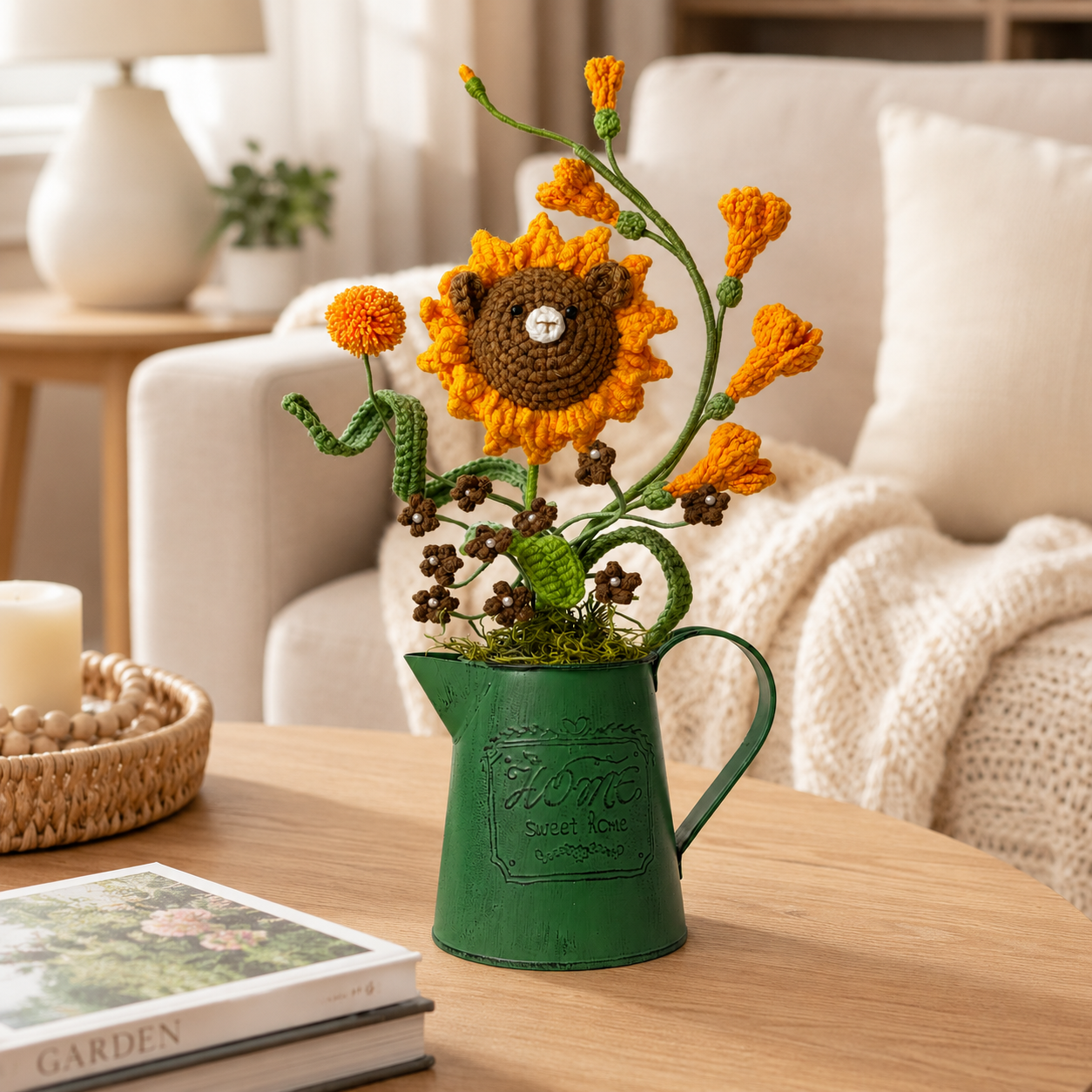 Handmade crochet cute bear bouquet, retro green kettle flower holder | knitted floral home decoration arrangement | country dining table centerpiece decoration, suitable for home office and living room