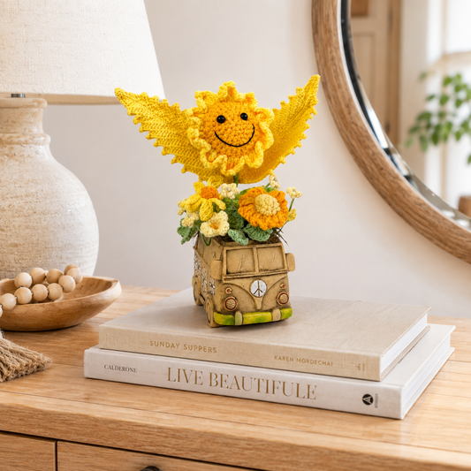Smiling Crochet Sunflower arrangement in Nostalgic Hippy Van vase