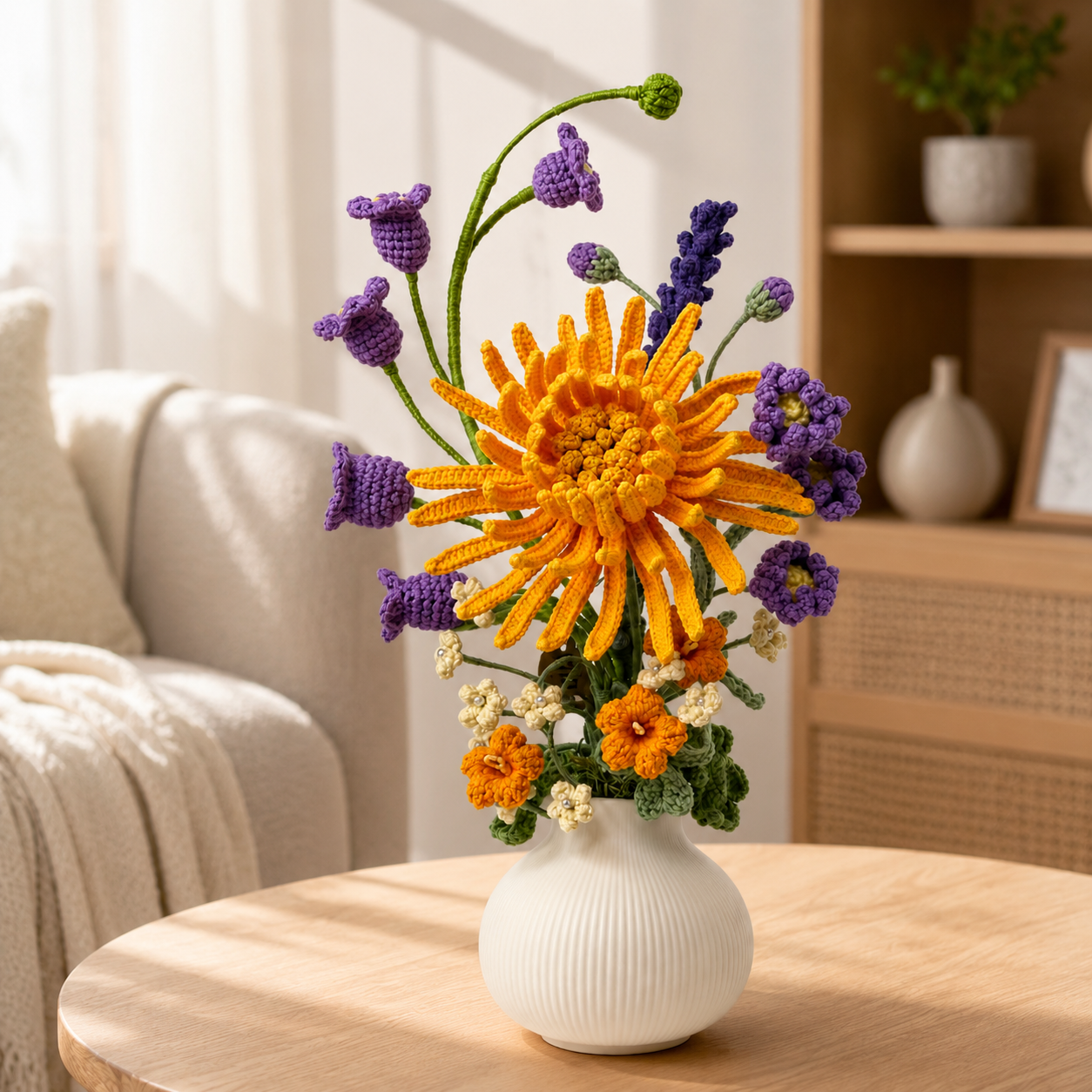 Hand-knitted Chrysanthemum Bouquet Vase | Knitted Flower Home Decoration Center | Country Room and Desk Decoration Gift