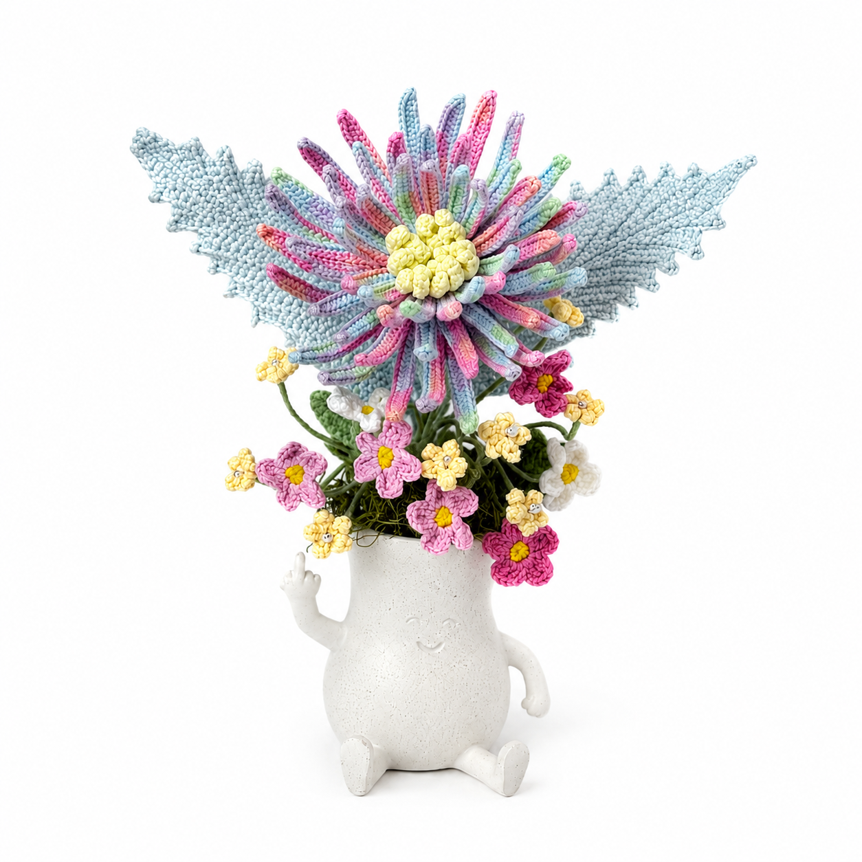 Hand-knitted Chrysanthemum Bouquet in White Ceramic Vase | Cute Home Decoration | Knitted Flower Arrangement Gift