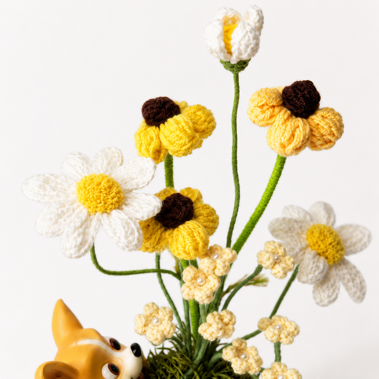 Cute Corgi Planter Pot with Handmade Crochet Flower Arrangement | Decorative Resin Dog Flower Vase | Cozy Home & Office Desk Decor | Unique Gift for Dog Lovers & Housewarming