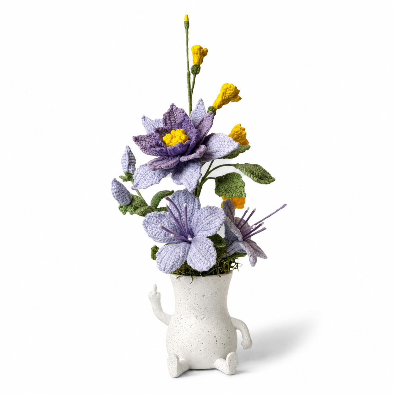 Handmade crocheted purple flower arrangement in a lovely resin "givin-you-the-bird" figurine vase | crocheted flower arrangement home decoration | unique dining table centerpiece decoration gift