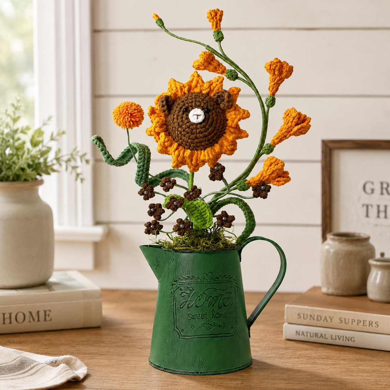 Handmade crochet cute bear bouquet, retro green kettle flower holder | knitted floral home decoration arrangement | country dining table centerpiece decoration, suitable for home office and living room
