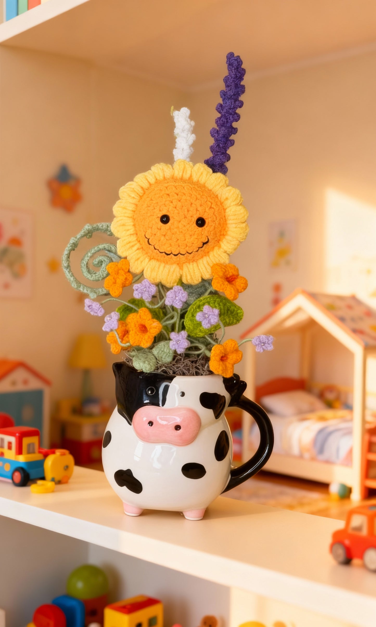 "Playful Farm" Hand-Crocheted Flower Bouquet & Cow Vase Set