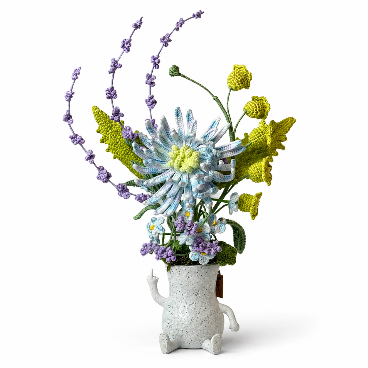 Hand-knitted blue chrysanthemum bouquet placed in a smiling ceramic vase | Home decoration arrangement | Table centerpiece decoration gift