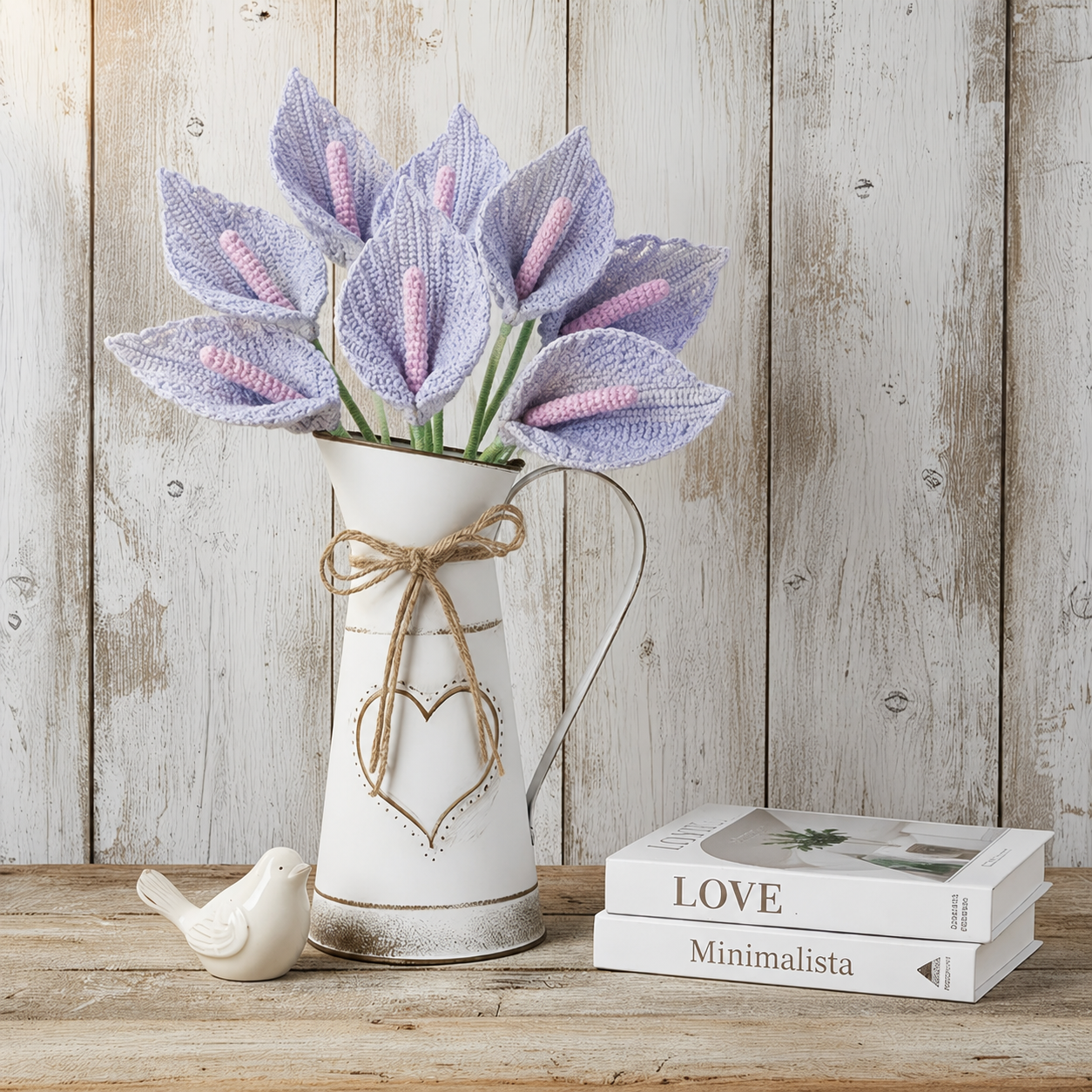 Hand-knitted flower candle stem, white artificial flower decoration, long stem yarn flower for vase, home office desk decoration, women's gift
