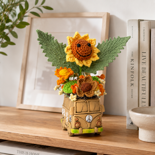 Crochet Sunflower Car Planter Decor with Smiling Flower Design | Handmade Knitted Flower Arrangement in Vintage Van Pot | Cute Home & Office Desk Decoration, Gift for Women & Plant Lovers