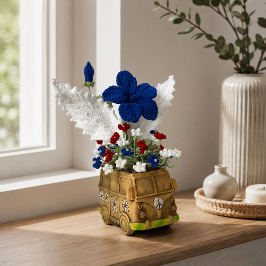 Handmade Crochet Flower Van Planter Decor | Red White Blue Floral Arrangement in Vintage Bus Pot | Patriotic Home Decor Gift