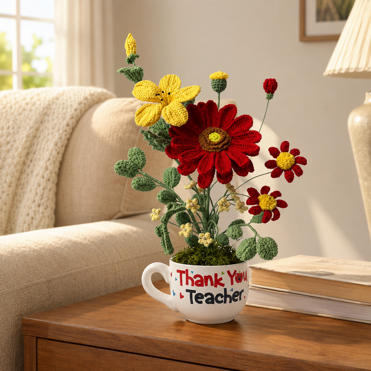 Handmade Crochet Flower Bouquet in “Thank You Teacher” Mug | Knitted Daisy & Sunflower Arrangement | Unique Teacher Appreciation Gift, Desk Home Office Decor, Eternal Floral Gift