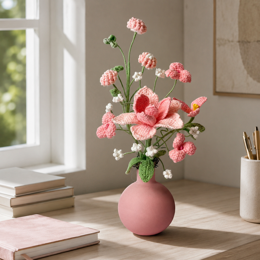 Hand-knitted pink late summer bouquet | Knitted artificial flower arrangement | Decorative home and office desk center decoration | Eternal yarn bouquet gift, suitable for women, mothers and room decoration