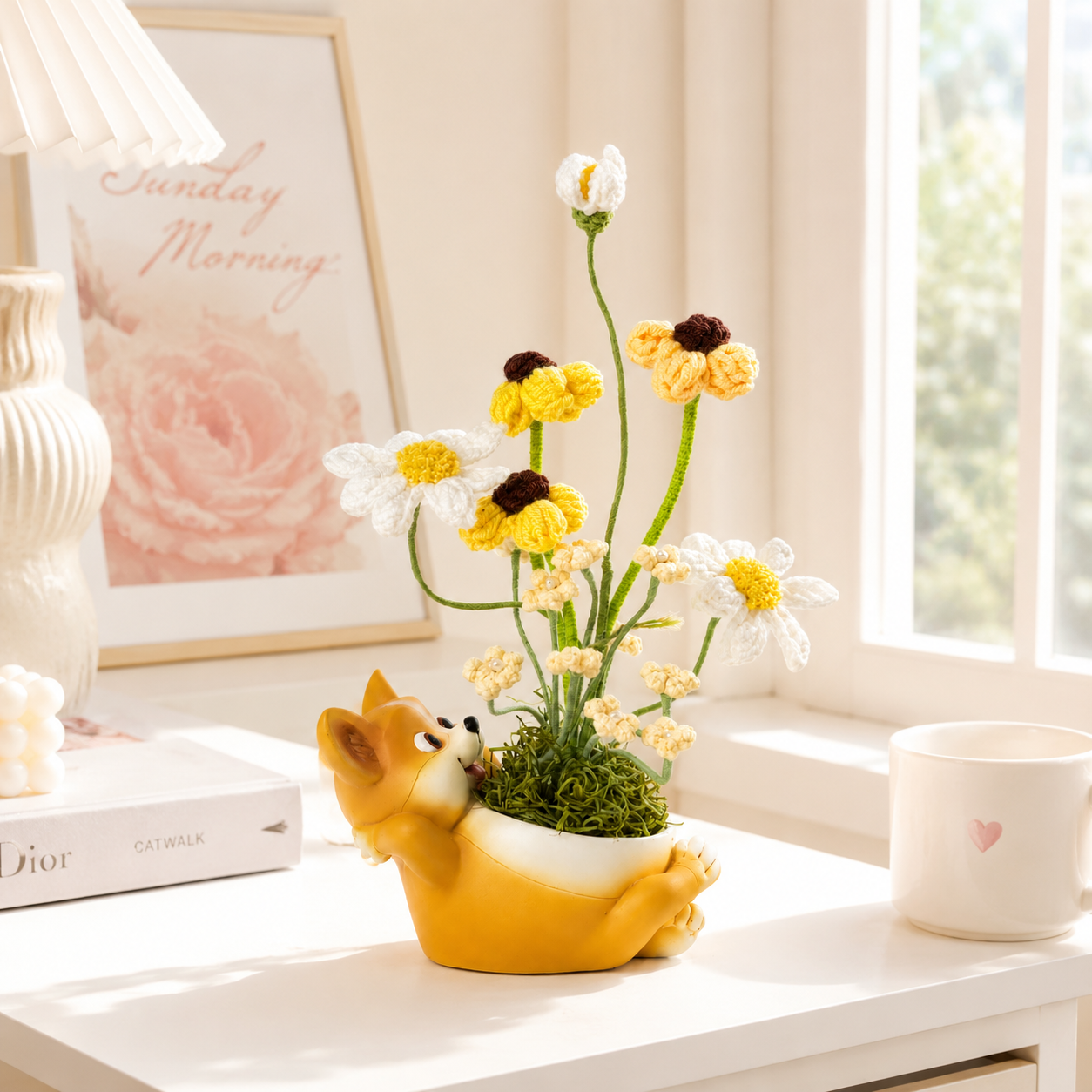 Cute Corgi Planter Pot with Handmade Crochet Flower Arrangement | Decorative Resin Dog Flower Vase | Cozy Home & Office Desk Decor | Unique Gift for Dog Lovers & Housewarming
