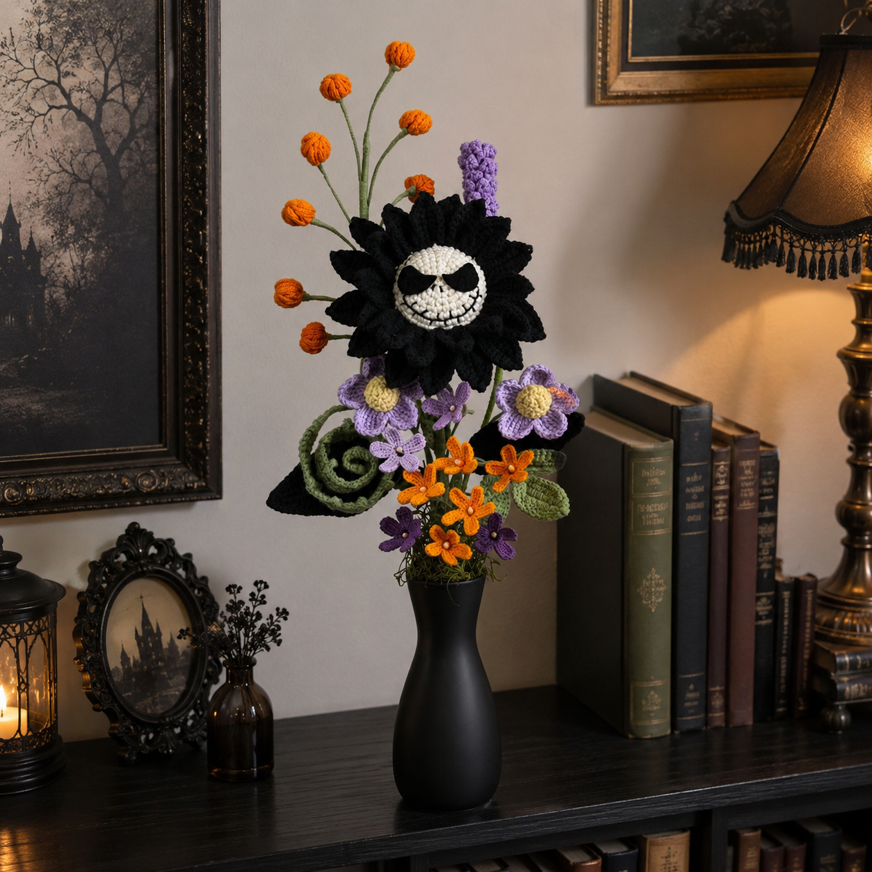 Handmade Crochet Skull Flower Arrangement in Black Vase | Gothic Halloween Home Decor | Unique Amigurumi Floral Centerpiece Gift