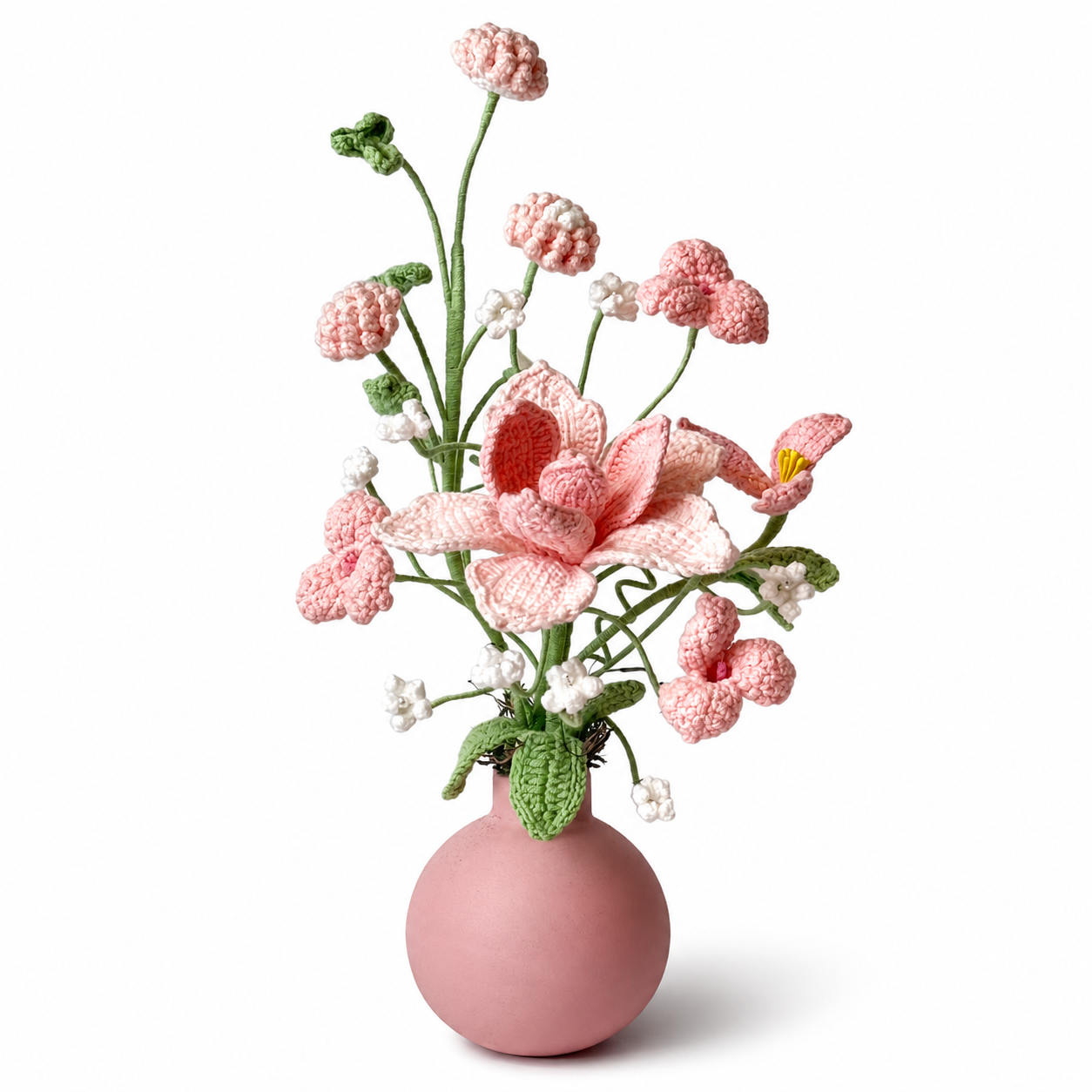 Hand-knitted pink late summer bouquet | Knitted artificial flower arrangement | Decorative home and office desk center decoration | Eternal yarn bouquet gift, suitable for women, mothers and room decoration