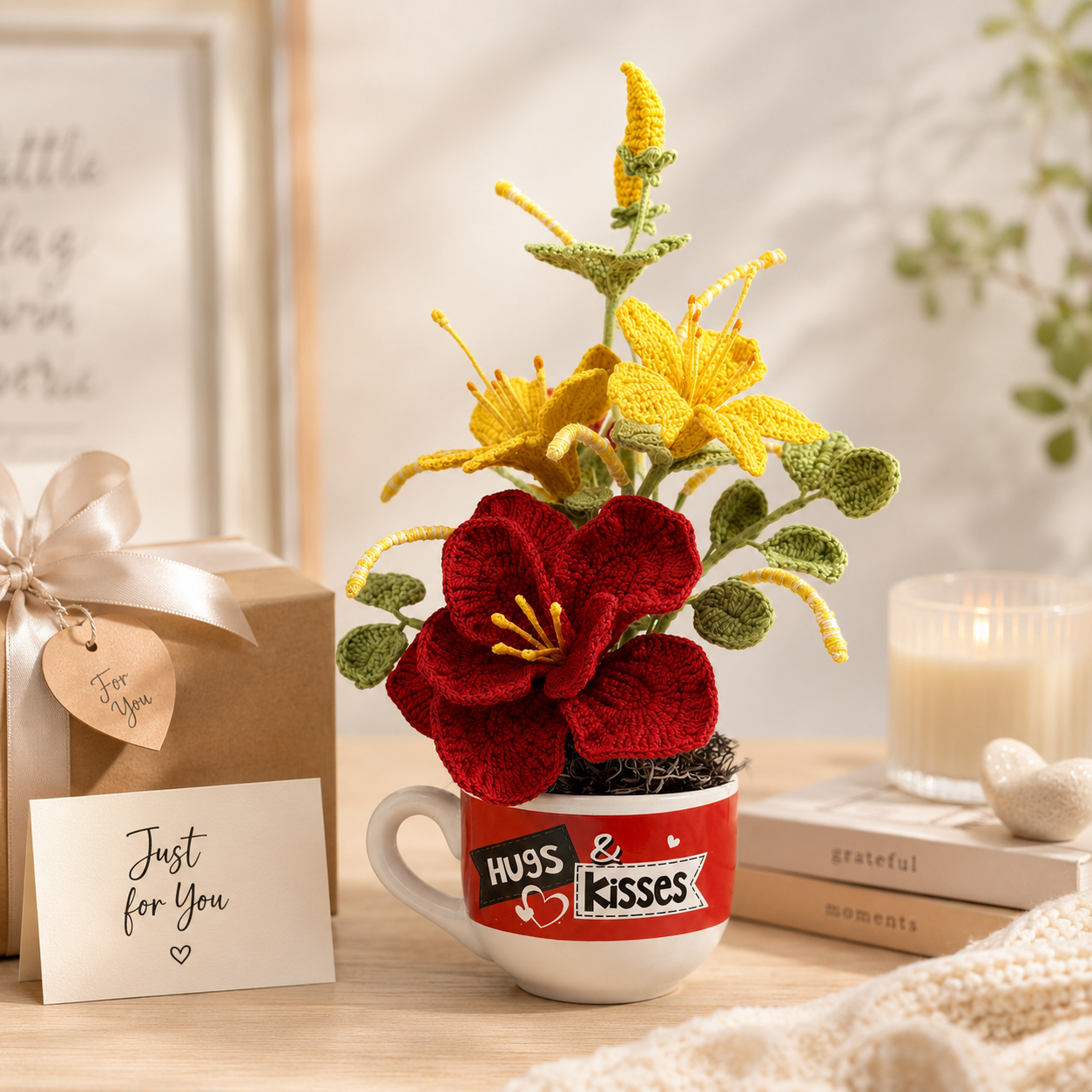 Handmade crocheted floral decoration ceramic cup - embrace and kiss romantic floral desk decoration, crocheted bouquet - unique home and office gift, suitable for birthday, Valentine's Day