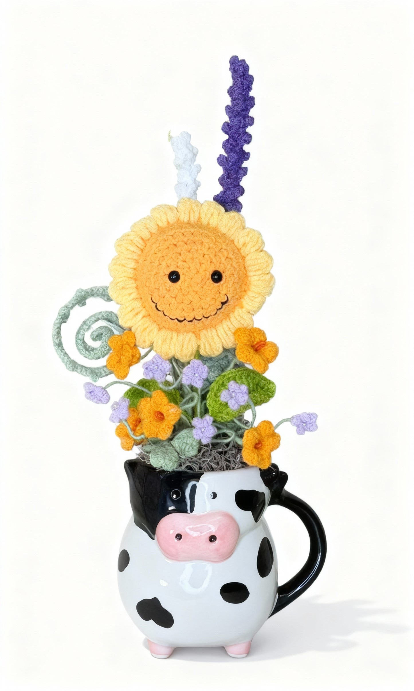 "Playful Farm" Hand-Crocheted Flower Bouquet & Cow Vase Set