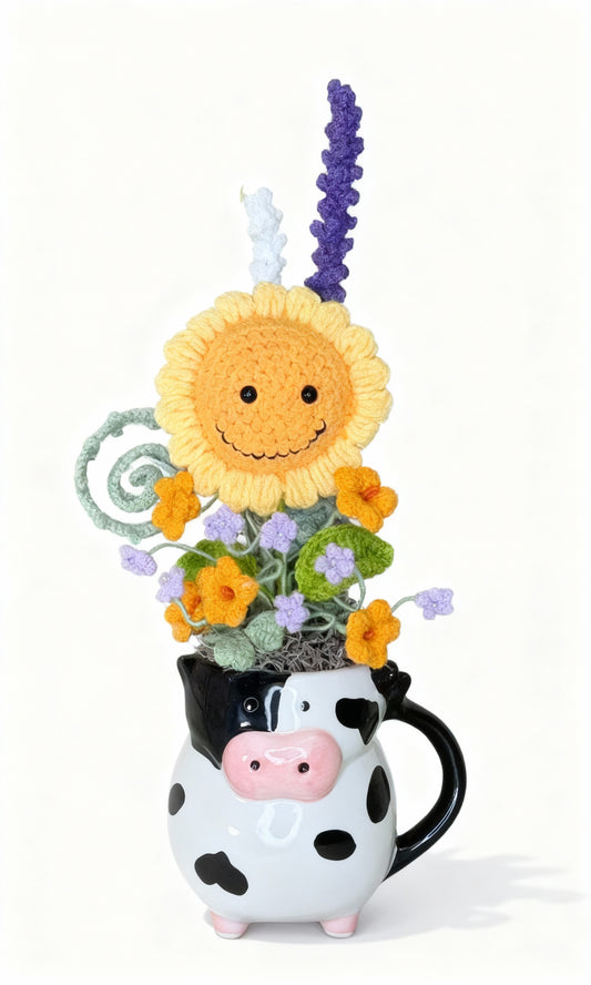 "Playful Farm" Hand-Crocheted Flower Bouquet & Cow Vase Set