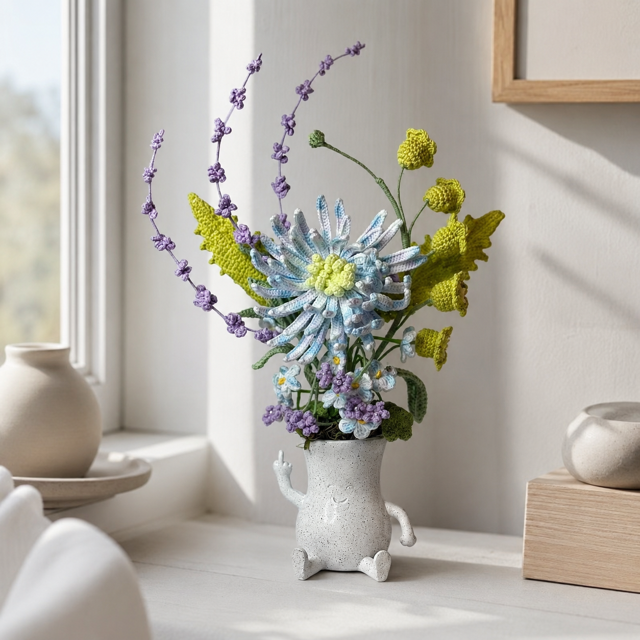 Hand-knitted blue chrysanthemum bouquet placed in a smiling ceramic vase | Home decoration arrangement | Table centerpiece decoration gift