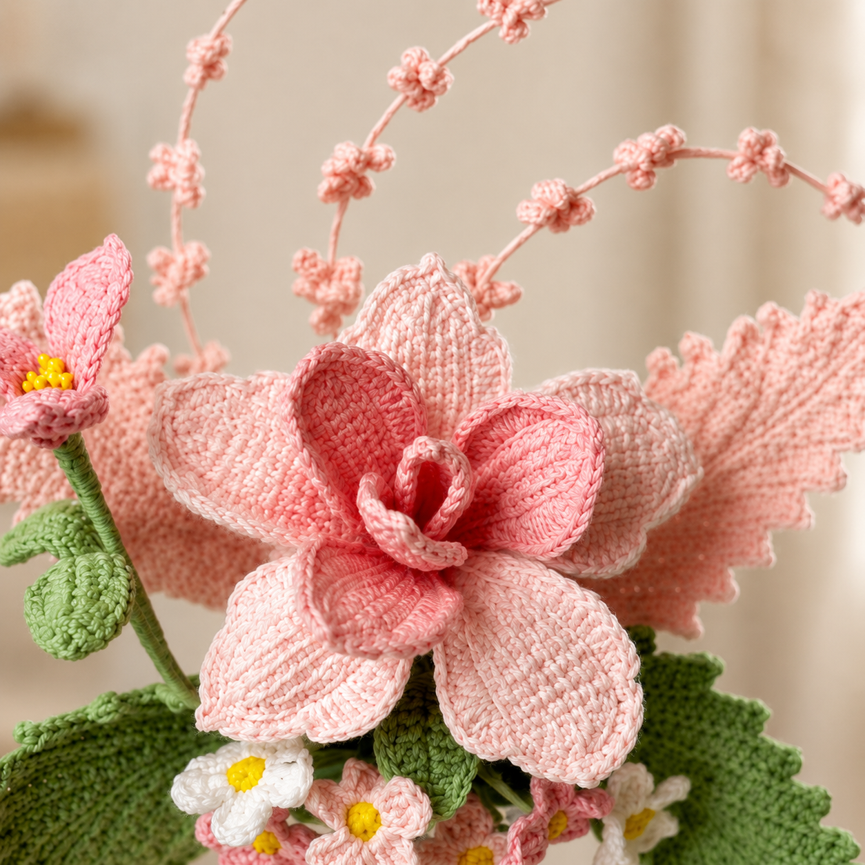 Handmade Crochet Flower Arrangement in Vase | Pink Artistic Knitted Floral Bouquet Decor | Home Table Centerpiece, Bedroom & Living Room Aesthetic Decoration | Unique Handmade Gift for Women