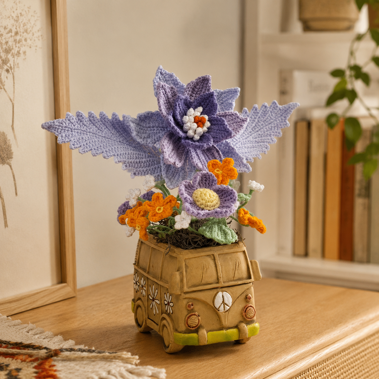 Handmade crochet floral flower cart flower pot | retro bus flower pot home decoration